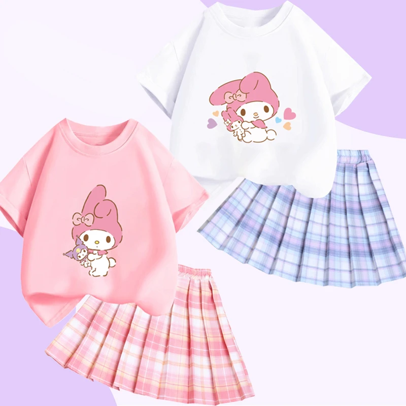 

Футболка и юбка для девочек Sanrio, милая летняя футболка и юбка My Melody Cinnamoroll для девочек, комплект из двух предметов, повседневный комплект для девочек с героями мультфильмов