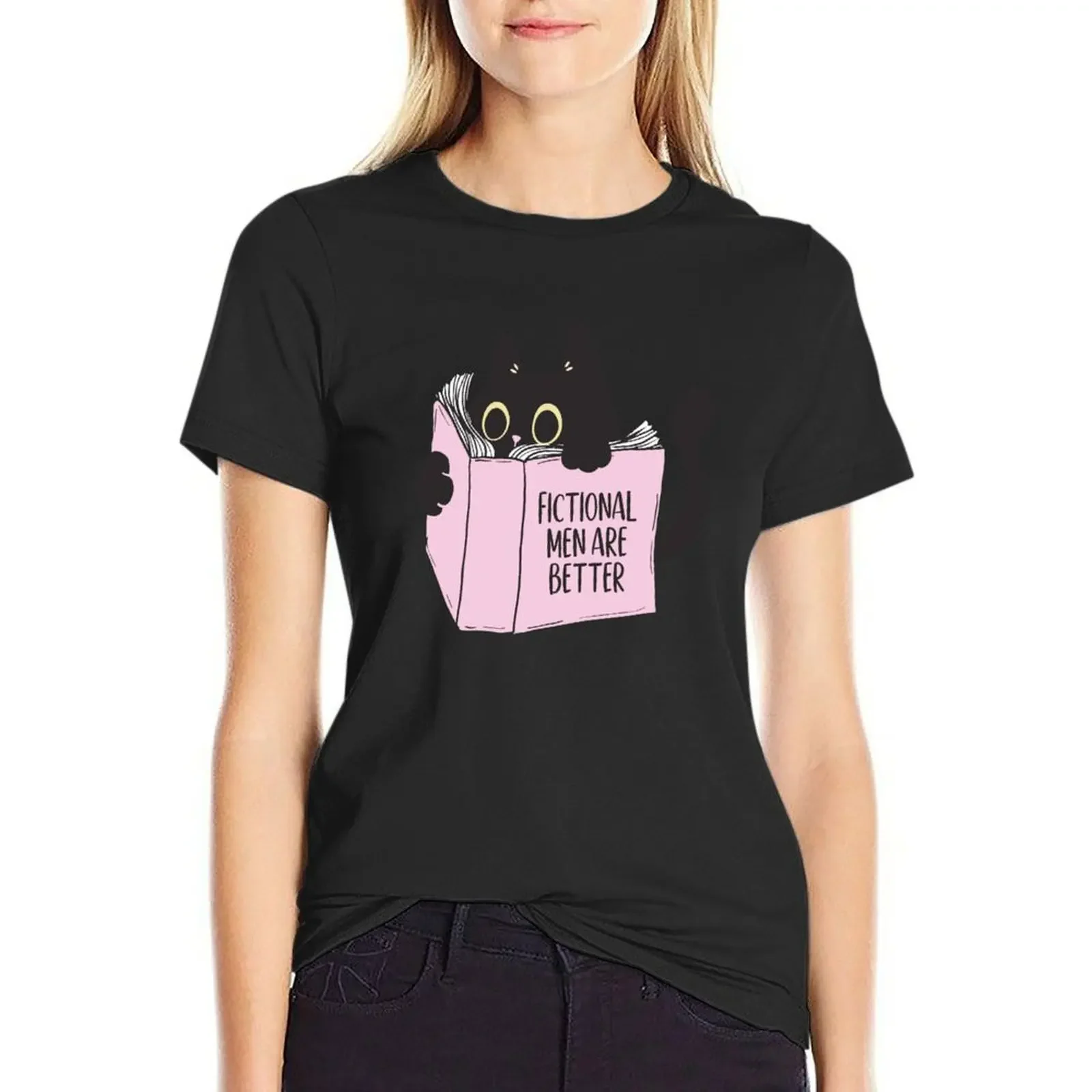 

Fictional Men Are Better Black Cat Book Lovers Pink Bookish Cat and books T-shirt tees T-shirts for Women