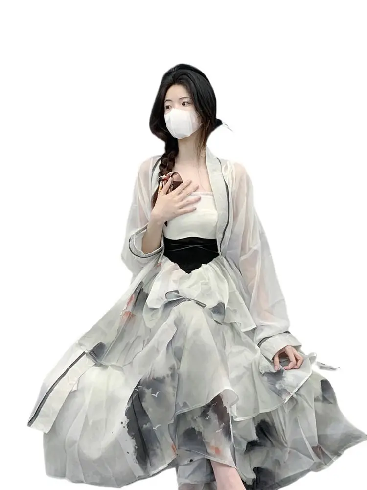 Chinese Traditional Clothing White Ink Printed Suspender Dress Cardigan Set Spring and Autumn Women's Clothes
Chinese Traditional Clothing White Ink Printed Suspender Dress Cardigan Set Spring and Autumn Women's Clothes