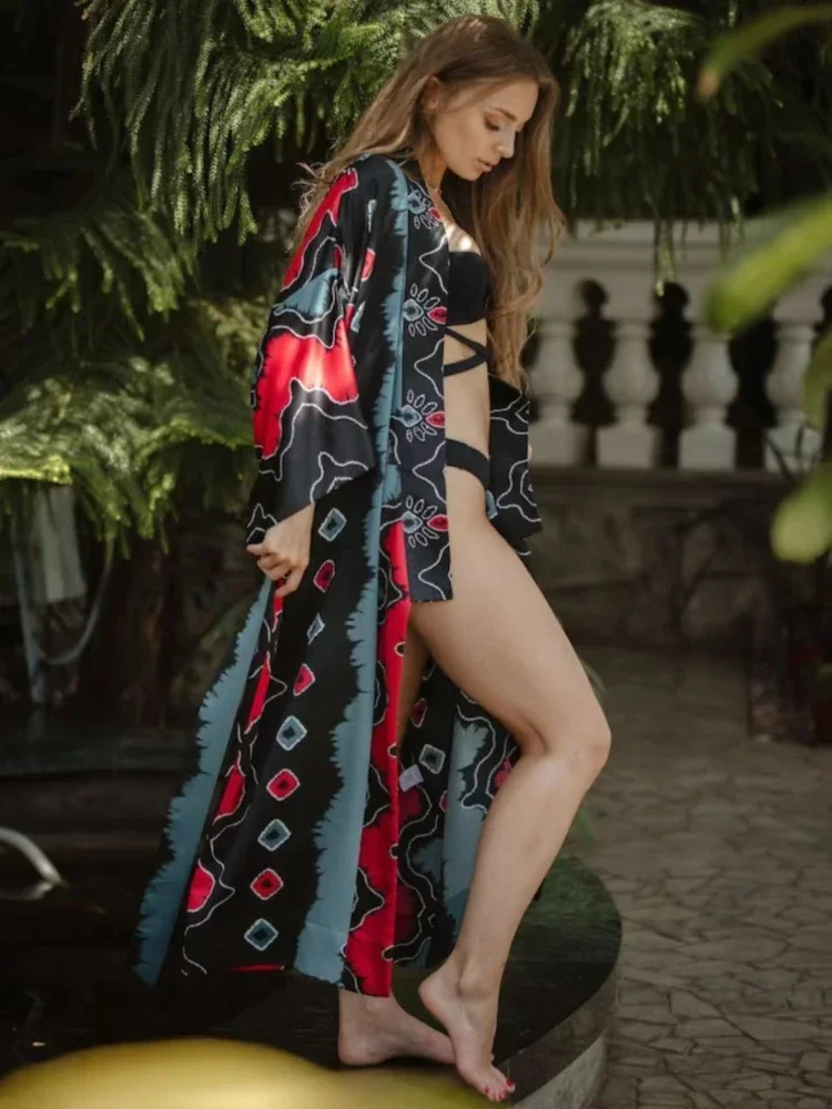

Swimsuit Cover Ups for Women Printed Beach Kimono Self Belted Wrap Dresses Elegant Pareo Bathing Suits Hot Sales Dropshipping