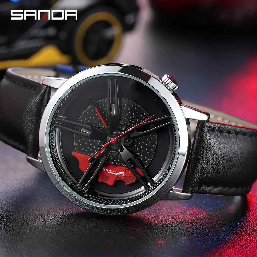 

SANDA P1040 Fashion Men Car Rim Hub Watches Custom Design Wrist Watch Waterproof Leather Wheel Rotating Dial Relogio Masculino