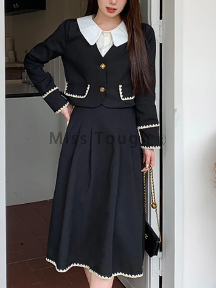 

Женский винтажный костюм принцессы, черный костюм из двух предметов, блейзер и элегантная юбка миди в Корейском стиле, зима 2023