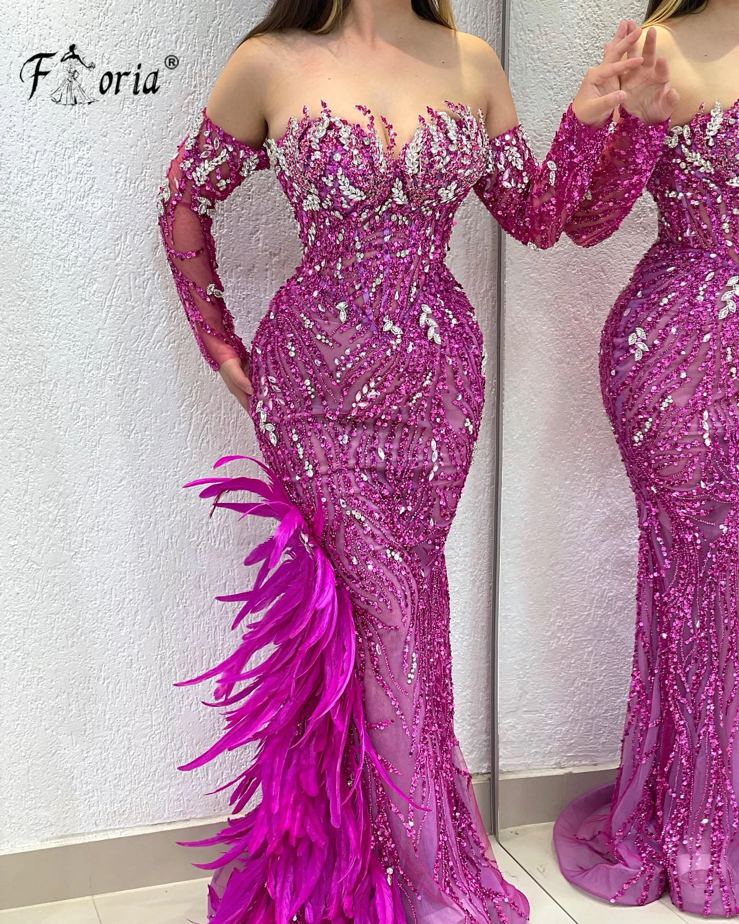 

2023 New Hot Pink Beading Mermaid Evening Dress Luxury Off Shoulder Stones Lace Prom Party Gowns Dubai Feathers Runway Couture