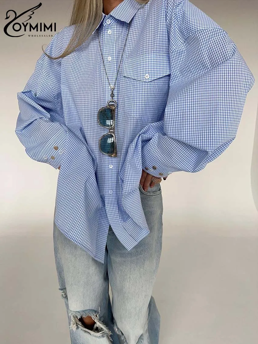 Oymimi Elegant Light Blue Cotton Women's Shirt Summer Plaid Print Long Sleeve Button Shirts Casual Pockets Open Back Blouses
Oymimi Elegant Light Blue Cotton Women's Shirt Summer Plaid Print Long Sleeve Button Shirts Casual Pockets Open Back Blouses