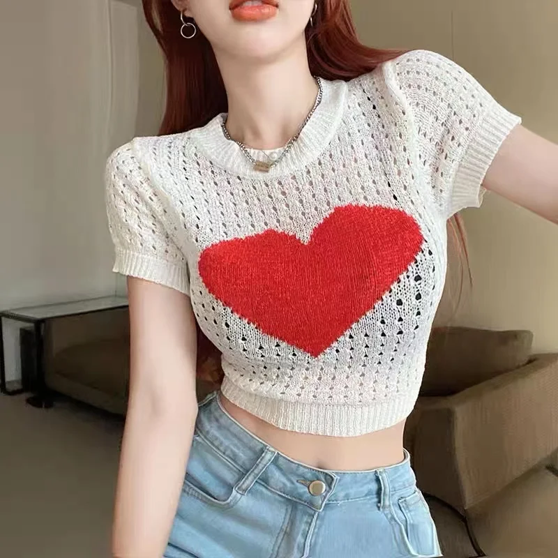 

Boring Honey Summer New Hollow Out Knitting T-Shirt Fashion Love Tops O-Neck All-Match Short Sleeve Top Women Chic Pullover Top