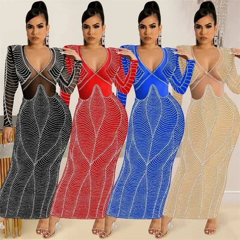 

V-neck Maternity Crytals Photography Dress Long Sleeve Stretchy Skinny Mesh Pregnant Woman Long Dress For Photo Shoot