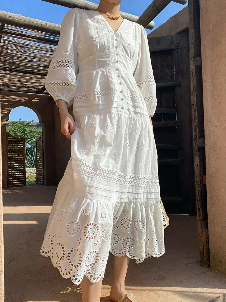 

100%Cotton Dress 2024 Summer Fashion Style Ladies V-Neck Exquisite Embroidery Tunic Button Long Sleeve Mid-Calf White Dress Sun