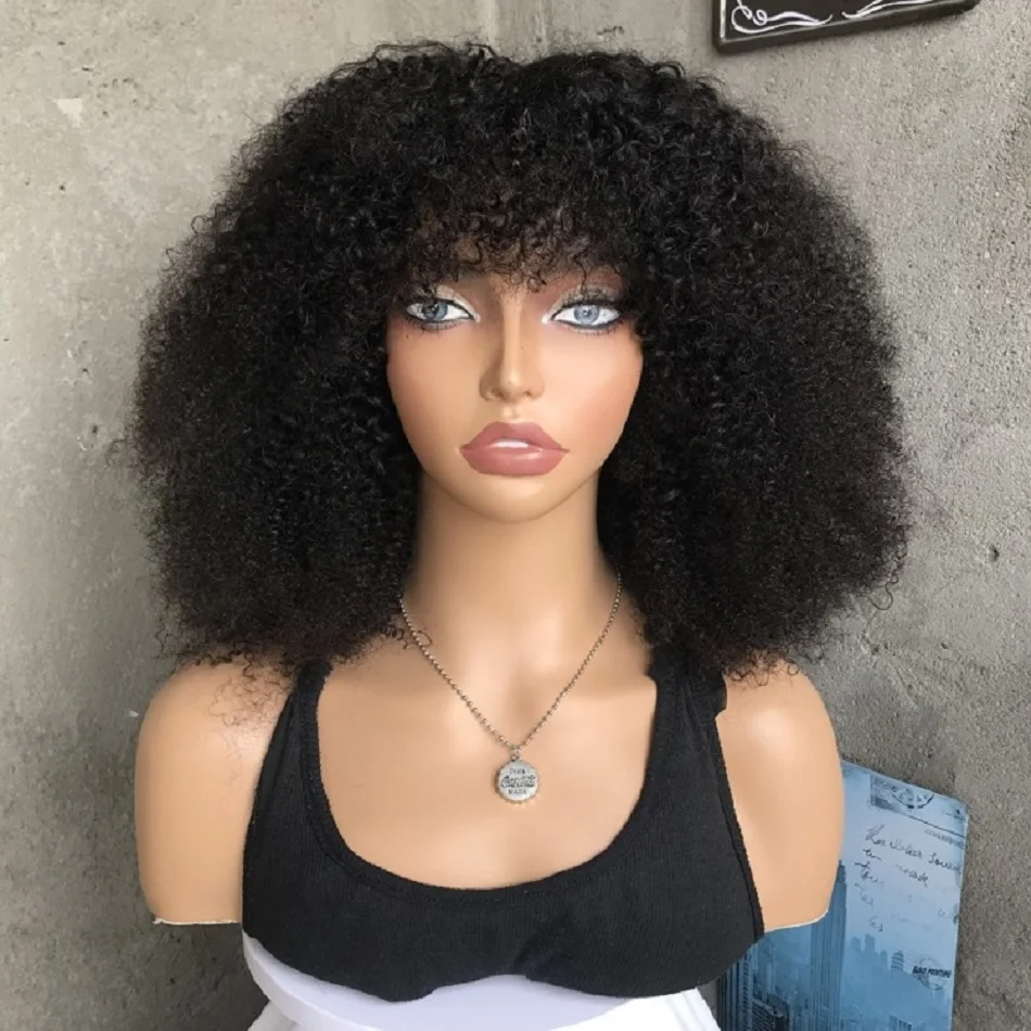 

Cheap Afro Kinky Curly Bob Wig With Bangs Full Machine Made Wigs For Black Women 100% Brazilian Remy Human Hair Short Curly Wigs