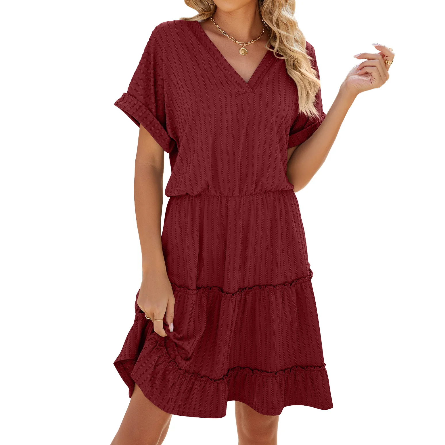 

Women's Spring/Summer Solid Color V-Neck Loose Short Sleeve Spliced Dress