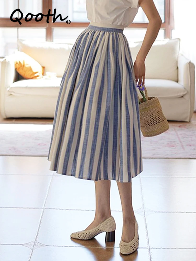 Qooth Women Vintage Cotton Linen Striped Umbrella Skirt Elegant High Waist Mid-length Long A-line Skirt For Spring Summer QT2064
Qooth Women Vintage Cotton Linen Striped Umbrella Skirt Elegant High Waist Mid-length Long A-line Skirt For Spring Summer QT2064