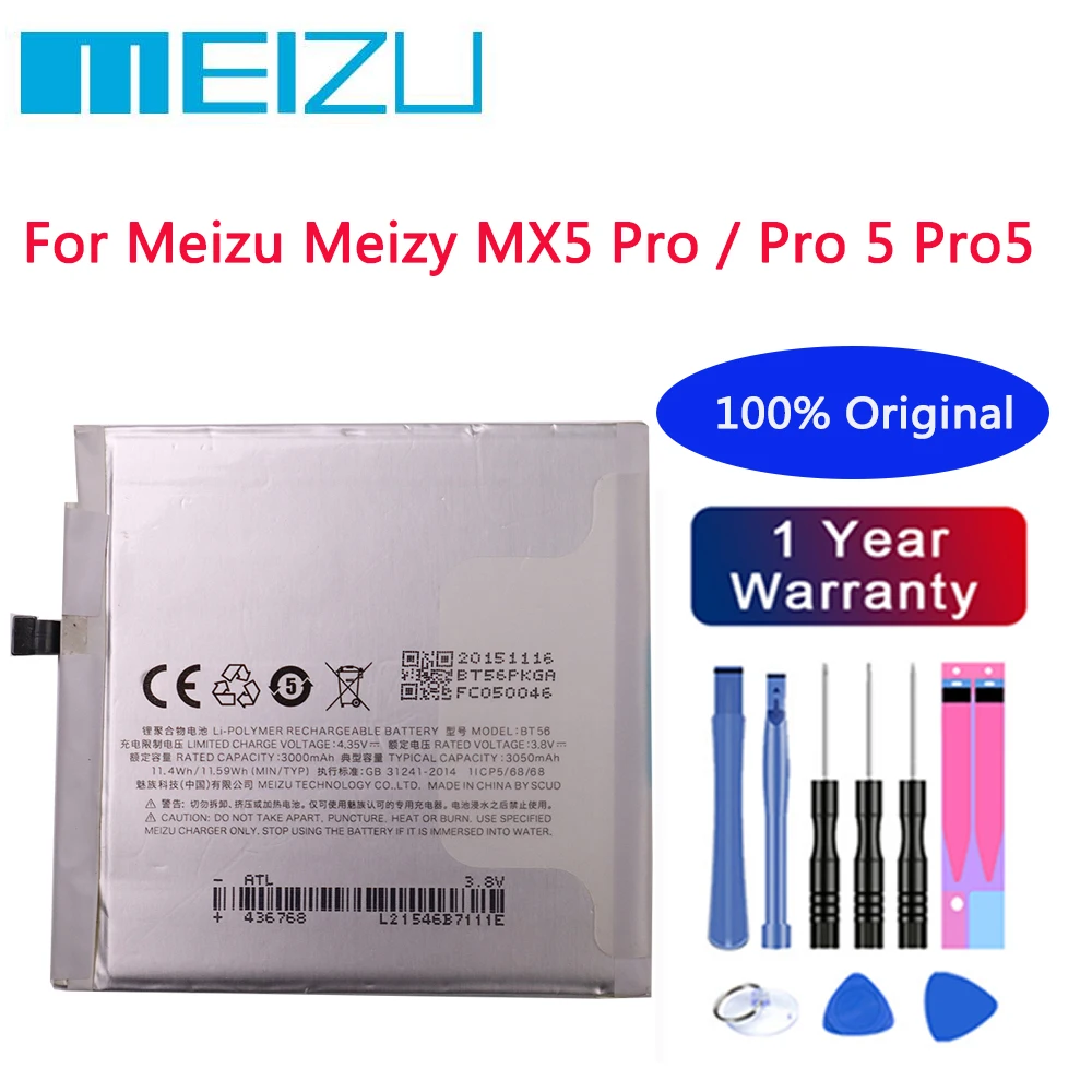 

100% оригинальный высококачественный аккумулятор BT56 3050 мАч для Meizu Meizy MX5 Pro / Pro 5 Pro5 M5776, Сменный аккумулятор для смартфона