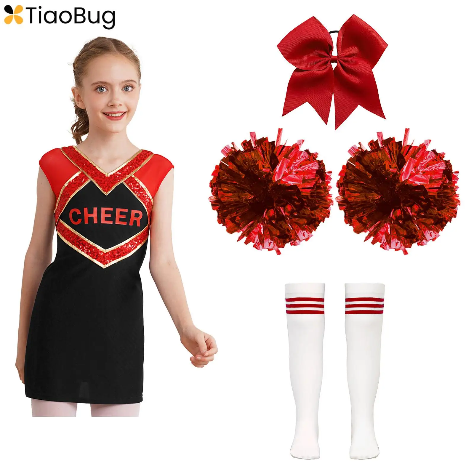 

Kids Girls Cheerleader Costume Halloween Team Cheerleading Uniform Sequin Gymnastic Dance Dress with Pom Poms Stocking Hair Tie