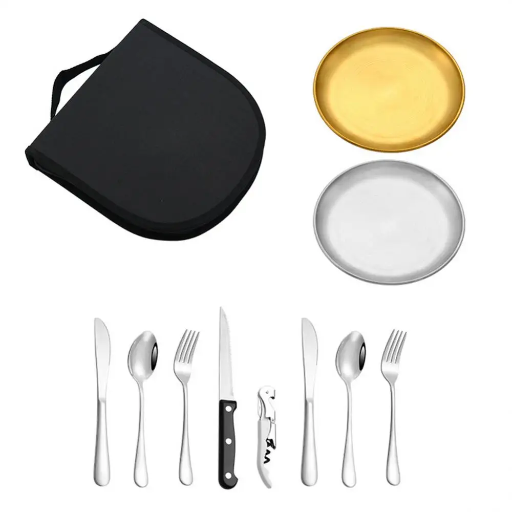 

Outdoor Tableware Set Portable Stainless Steel Knives Forks Spoons Plates Camping Picnic Travel Silverware Cutlery Organizer Kit
