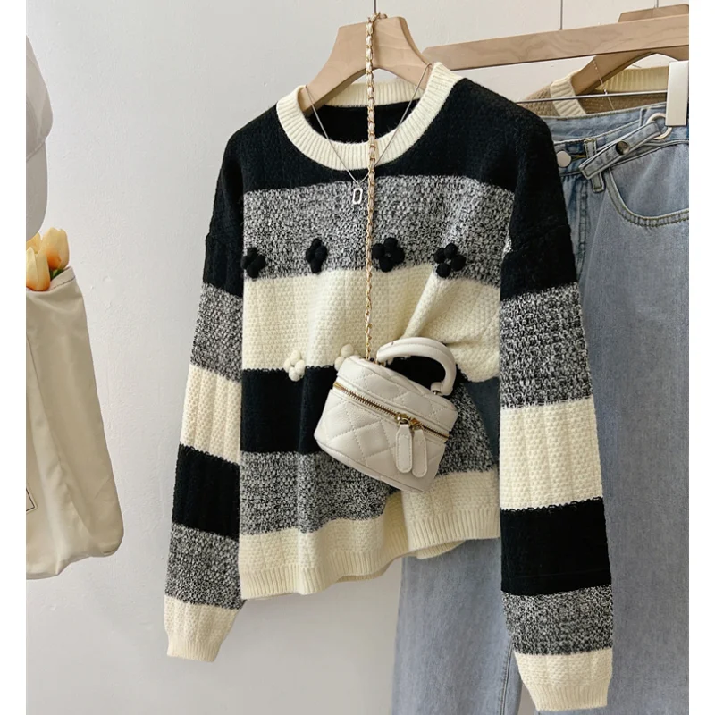 

Women Apricot Clothing Vintage Knitting Sweater Long Sleeve Cotton Casual Fashion Contrasting Colors Female black Winter Tops