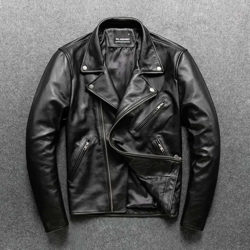 

YR! Бесплатная доставка. 2023 Черная куртка из воловьей кожи, приталенная кожаная одежда в байкерском стиле, мужское модное пальто из натуральной кожи, мотоциклетные мужские куртки