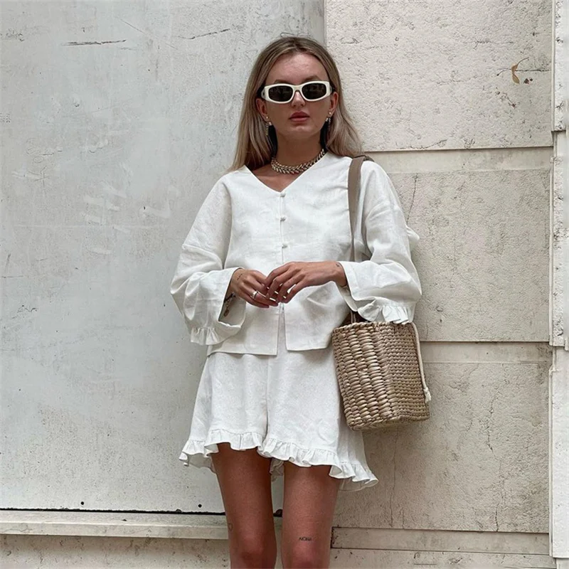 Clothland Women Elegant White Ruffle Blouse Shorts Suit Long Sleeve V Neck Shirt Mini Shorts Sweet Two Piece Set TA104
Clothland Women Elegant White Ruffle Blouse Shorts Suit Long Sleeve V Neck Shirt Mini Shorts Sweet Two Piece Set TA104