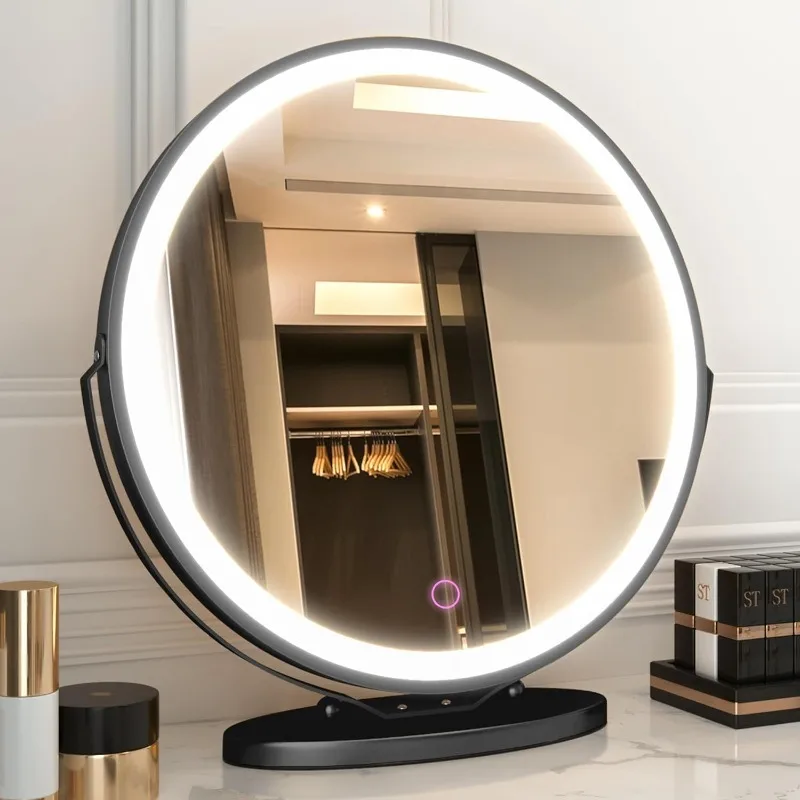 

Зеркало для макияжа с подсветкой, трехцветное зеркало с регулируемой яркостью, сенсорное управление, вращение на 360 °, большое зеркало с подсветкой