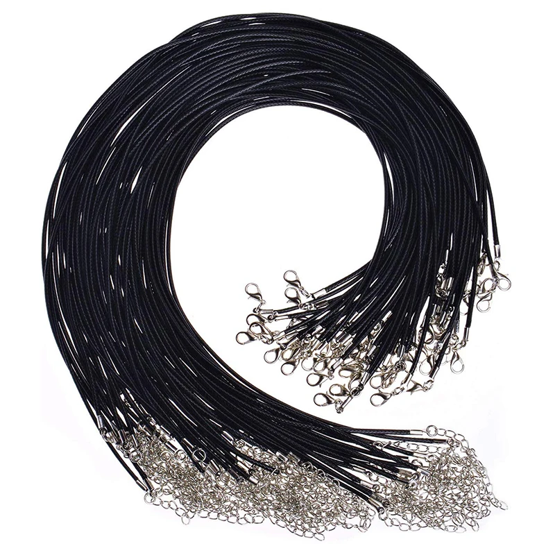 

50pcs/Lot 1.5/2mm 45-60cm Black Braided Leather Rope Wax Cord Lobster Clasp For DIY Necklace Pendant Chains Jewelry Findings