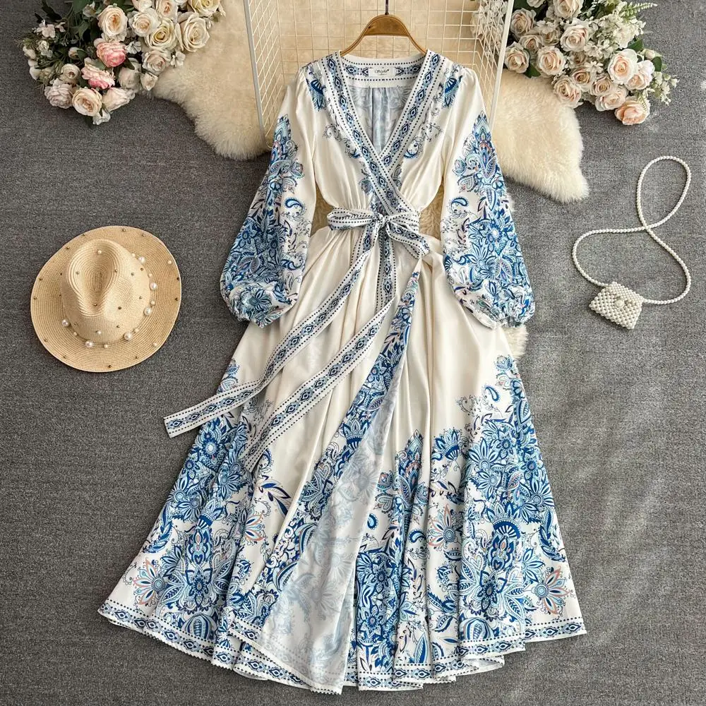 

Autumn Runway Blue Flower Dress Women's V-Neck Long Puff Sleeve Single Breasted Floral Print Belt Boho Maxi Party Vestidos M2346