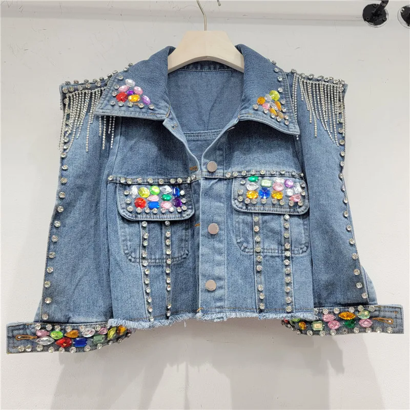 

Spring New Pearl Diamonds Chain Tassel Frayed Burrs Hem Women Short Denim Coat Diamond Pocket Female Jeans Jacket Streetwear