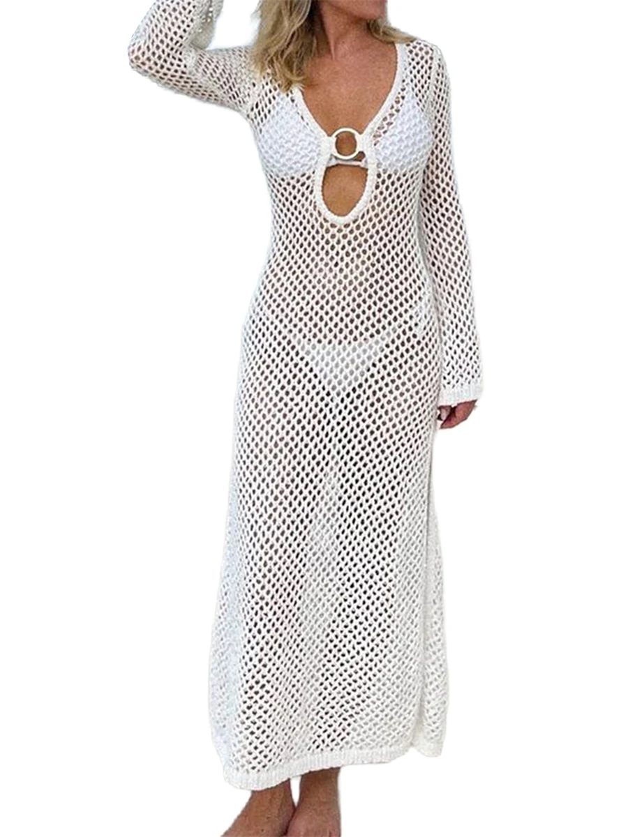 

CHQCDarlys женская вязаная Пляжная накидка с длинным рукавом ажурное бикини длинное пляжное платье макси летняя одежда для купания накидки