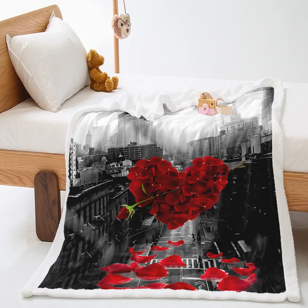 

Red Rose Love Shape 3D Print Sherpa Blankets For Beds Sofa Travel Picnic Quilt Nap Cover Plush Throw Blanket Soft Warm Bedspread