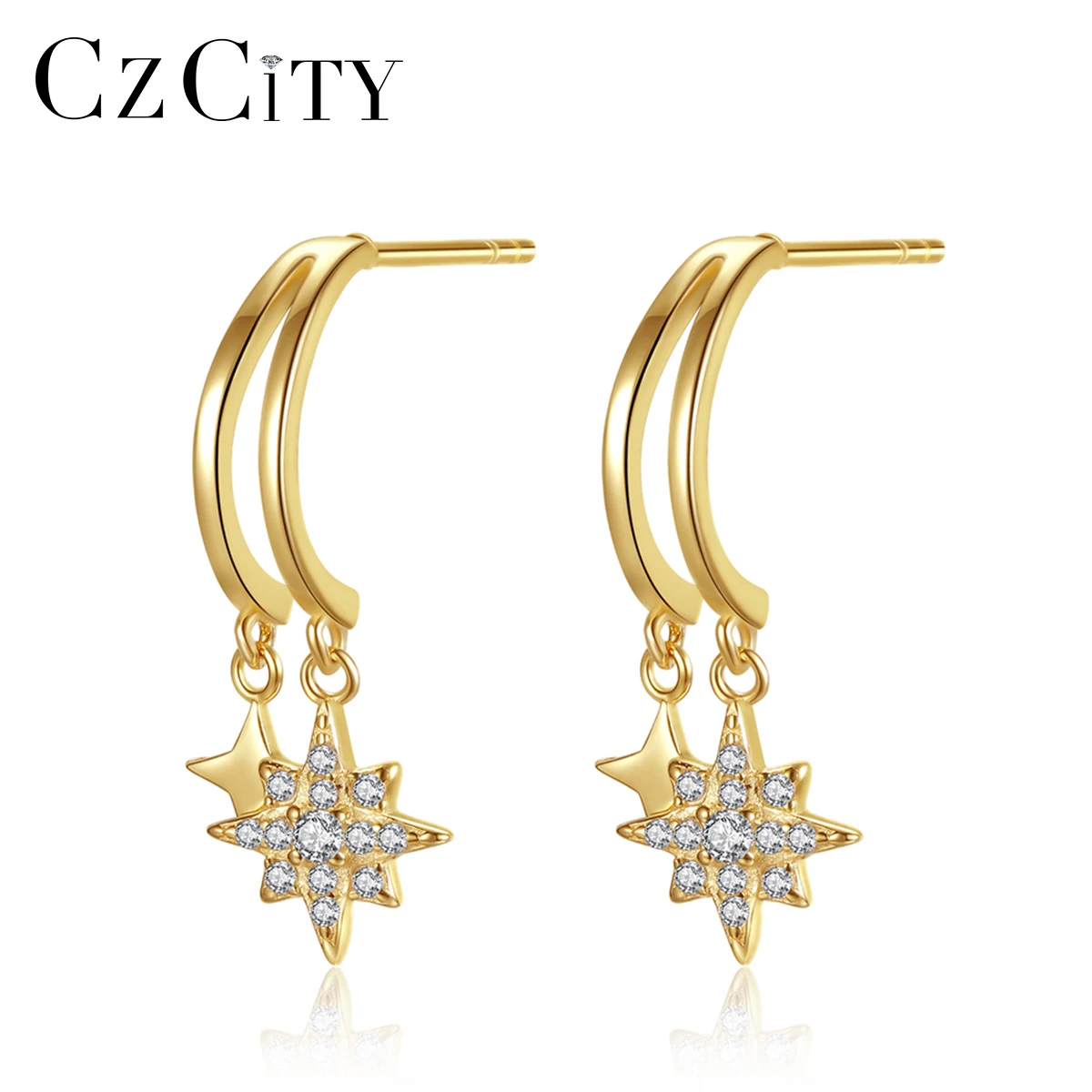 

CZCITY Sparkling Stars Certified Original 925 Silver Drop Earrings for Women Gold Color CZ Korean Fashion Women Accessories