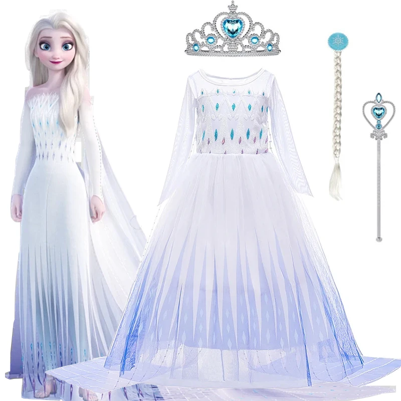 

Kids Disney Frozen Costume Princess Dress Elsa Dresses White Sequined Mesh Ball Gown Crown Halloween Carnival Clothing for Girls