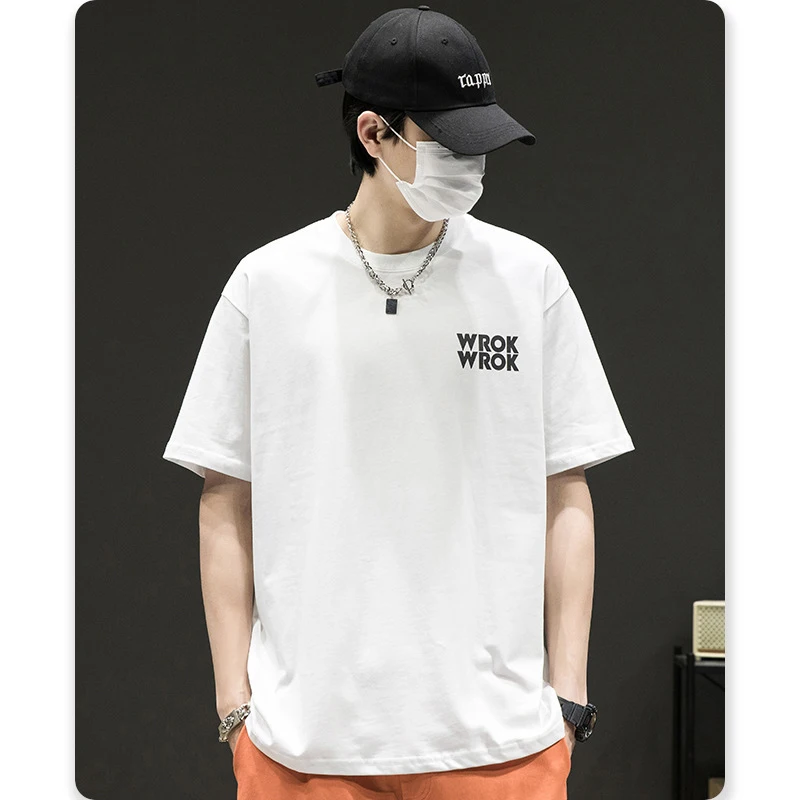 

Summer Fashion Men's Cotton T-shirt Letter Print Japan Style Heavyweight 40Count Double Yarn Oversize Classic White Tee Top Male