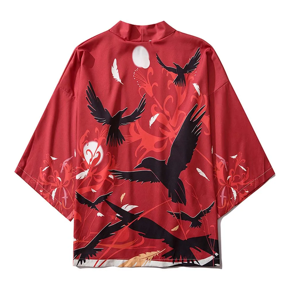 

Кимоно мужское в японском стиле, рубашка оверсайз с длинным рукавом, традиционная блуза с воротником, с принтом в виде ада, почтальона, хаори, юката, самурая