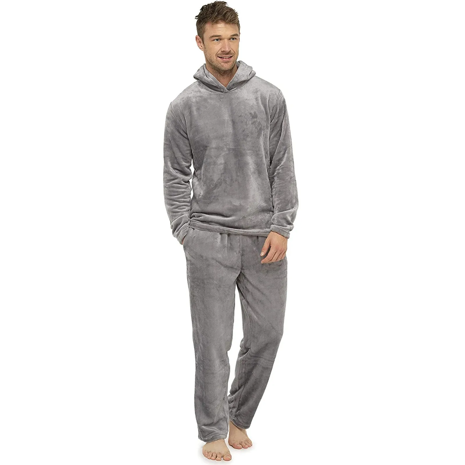 Men Warm Hooded Sets Comfort Solid Color Suede Sleepwear For Man Home Daliy Plush Pajamas Suit roupas masculinas 2021 | Мужская одежда