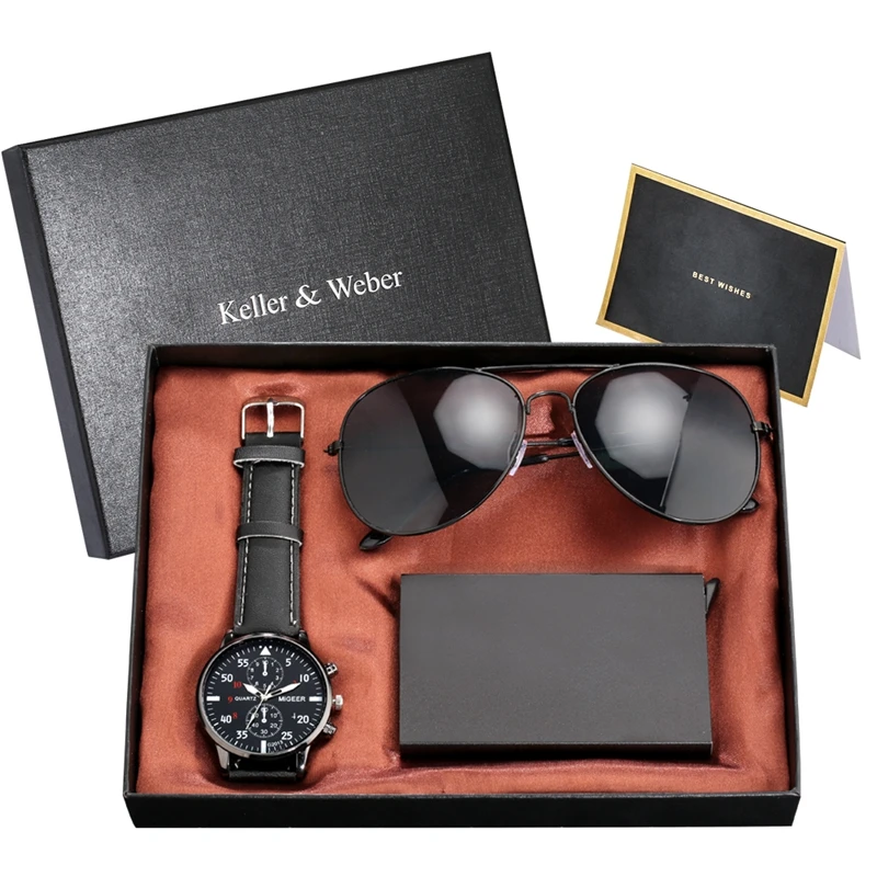 Men's Fashion Jewelry Cool Sunglasses with Leather Band Quartz Wrist Watch Deco Small Dial Metal Credit Card Case Gift Set
Men's Fashion Jewelry Cool Sunglasses with Leather Band Quartz Wrist Watch Deco Small Dial Metal Credit Card Case Gift Set