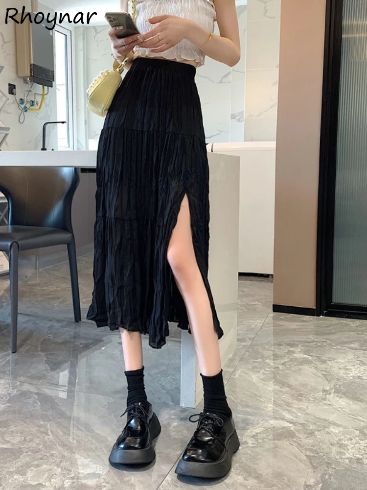 

Skirts Women Summer Elegant Side-slit A-line Chic Tender Daily Trendy Folds Solid Simple All-match Casual Retro Empire Ulzzang