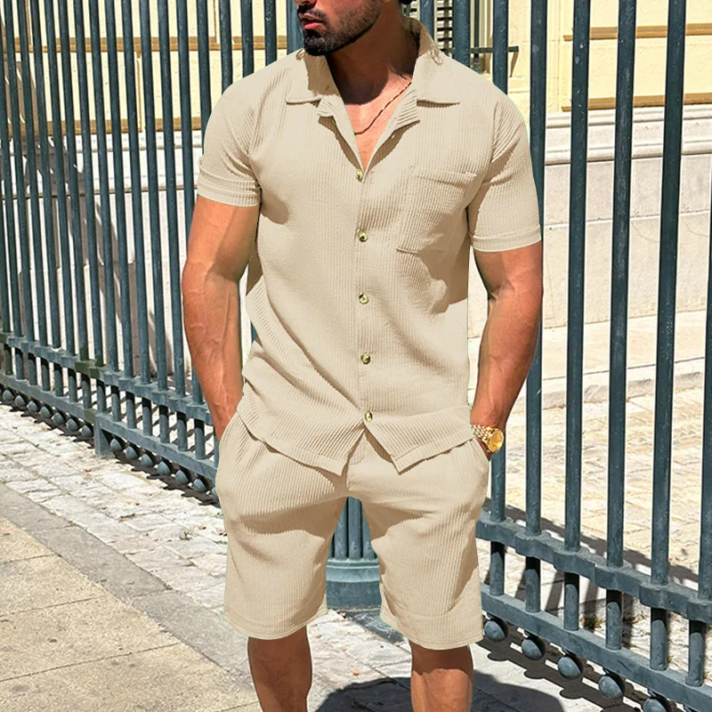 2024 new men's lapel casual cardigan shorts 2 sets of summer popular solid color vertical striped short-sleeved shorts
2024 new men's lapel casual cardigan shorts 2 sets of summer popular solid color vertical striped short-sleeved shorts