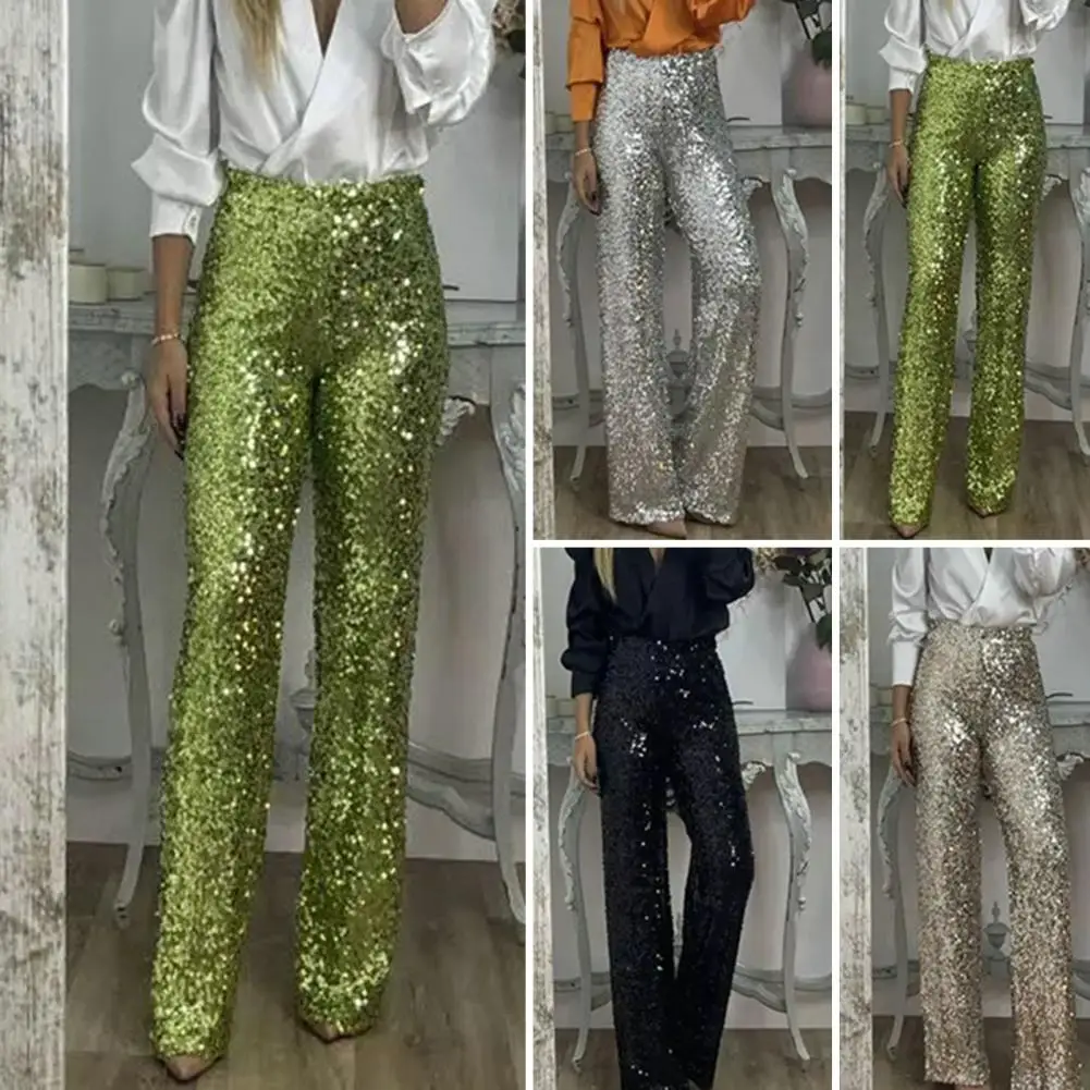 

Women Pants Sequins High Waist Flared Pants for Women Shimmering Slim Fit Trousers with Elastic Waistband Stylish for A