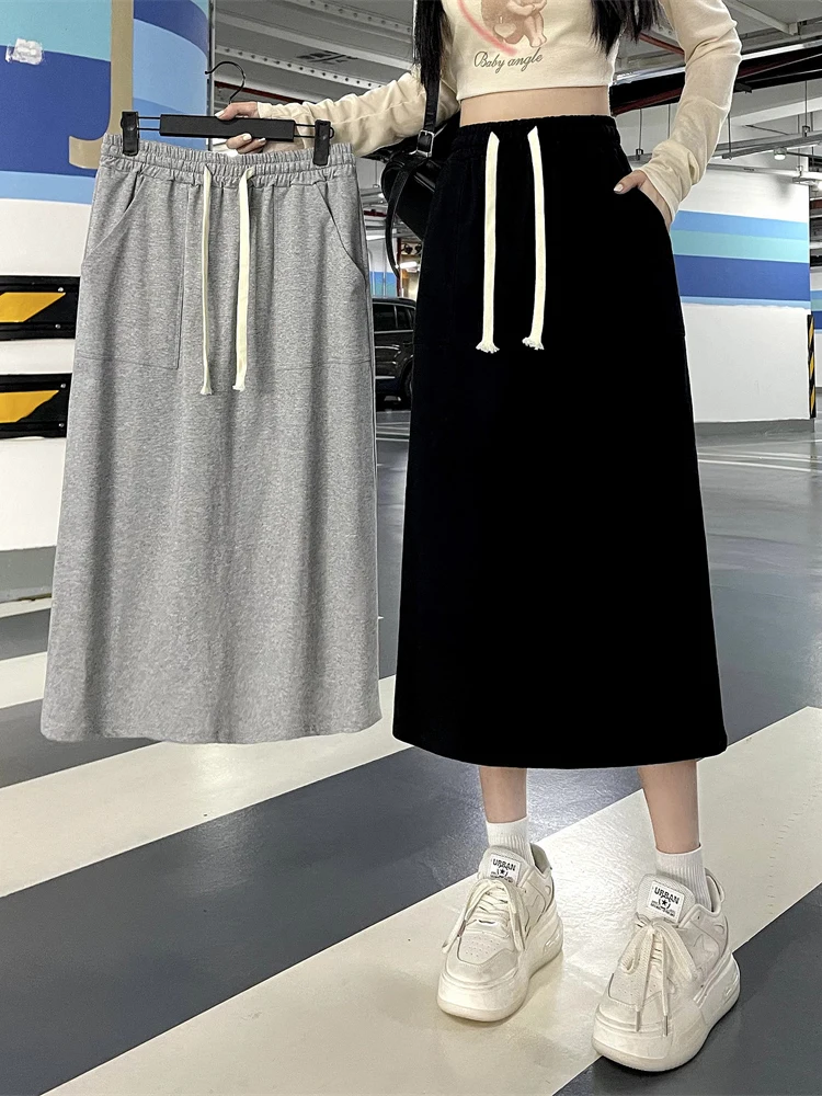 

2024 Women's Spring Summer Fashion High Waist Split Skirt Female Solid Color Straight Skirts Ladies Long Pockets Skirts B257