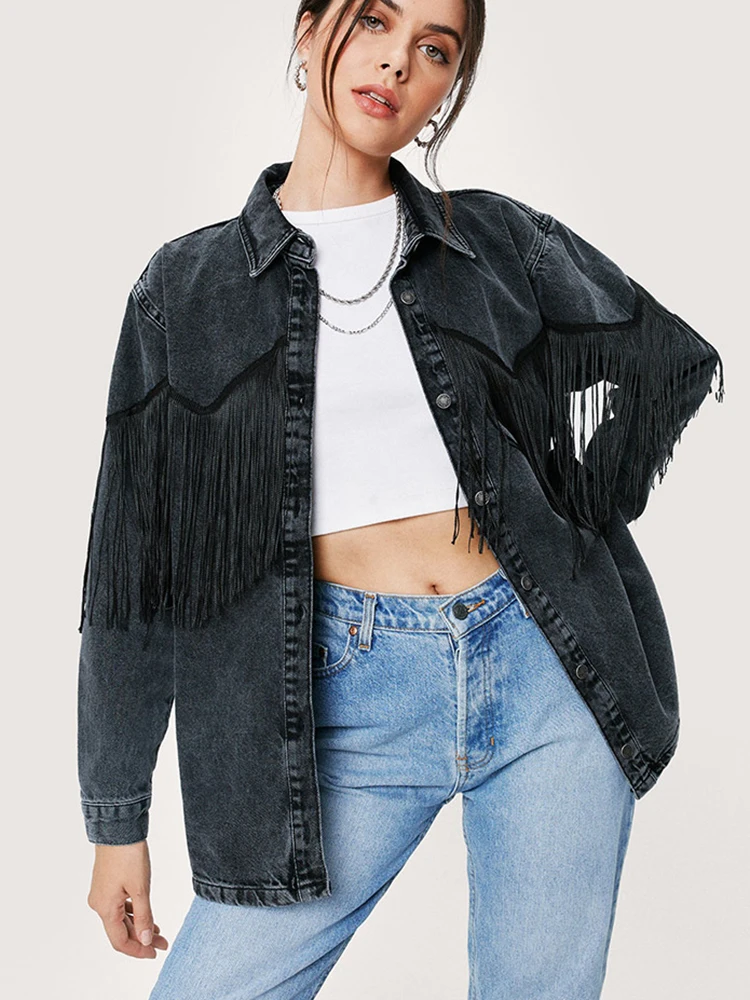 

Khalee Yose Loose Black Denim Jacket Coat Tassels Patchwork Autumn Women Boho Jacket Long Sleeve Casual Outwear Tops Chaqueta