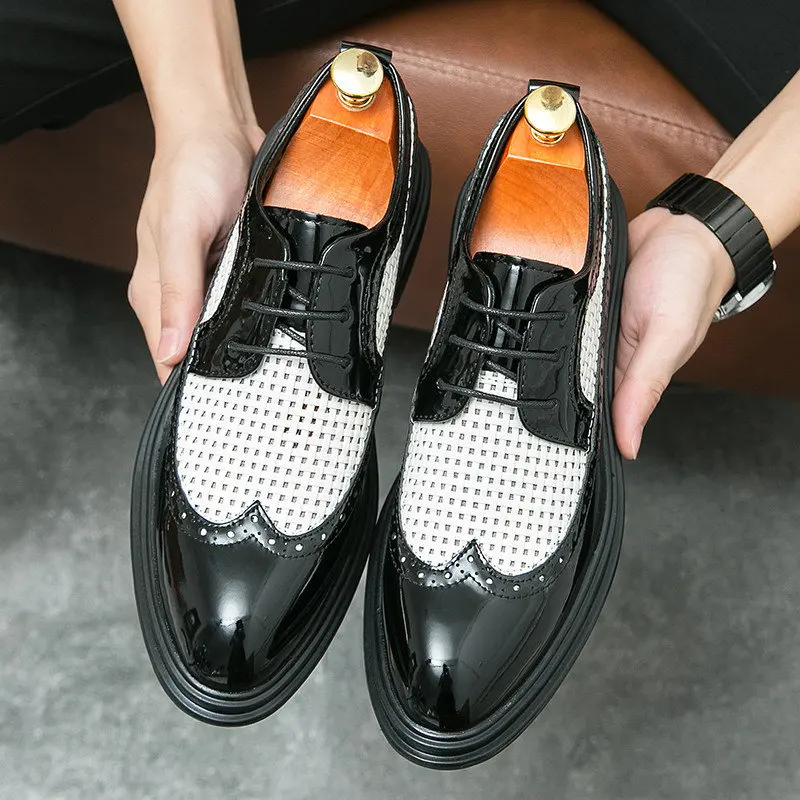 

Summer Classic Black and White Dress Shoes for Men Brogues Breathable Leather Casual Business Shoes Men Low Derby Shoes Size 47