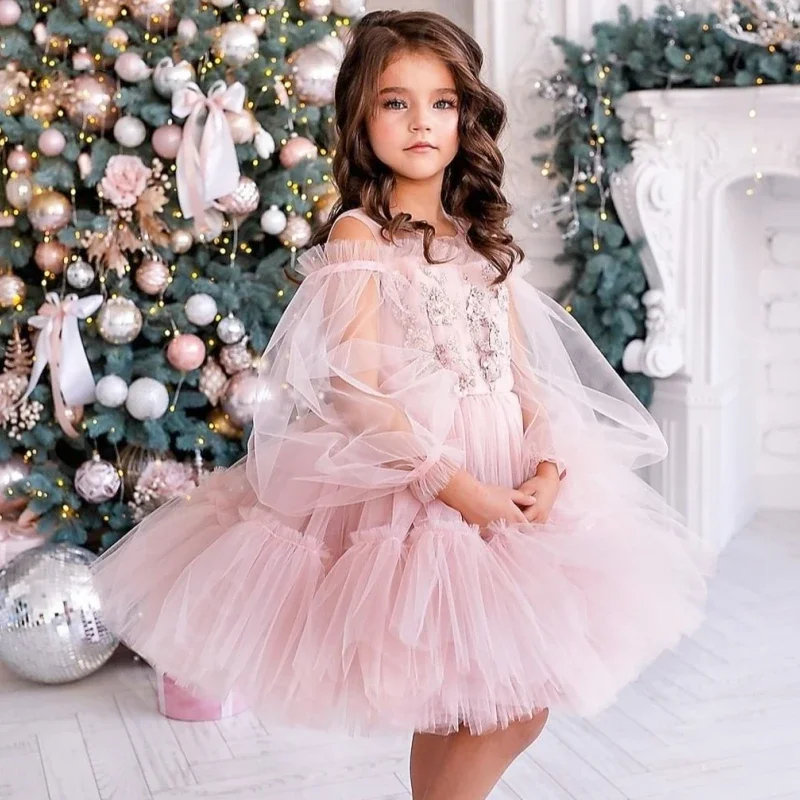 

Розовое Тюлевое платье с цветочным принтом для девочек, платье с круглым вырезом, пышными длинными рукавами для выпускного вечера, для малышей, для первого причастия, для принцессы, одежда для дня рождения