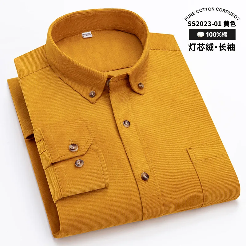 

2023 Autumn And Winter New 100% Cotton Men's Corduroy long Sleeve Shirt Without ironing And Fleece Business Slim-Fit Fashion