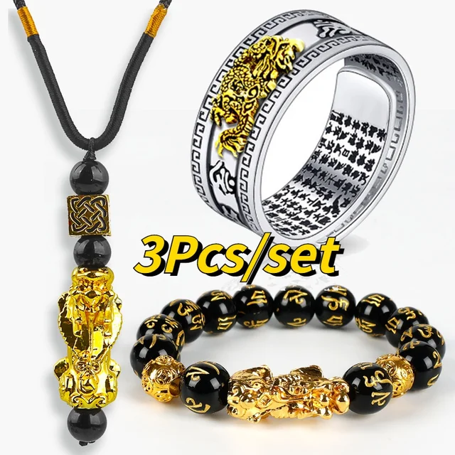Pixiu-Bracelet Feng Shui bouddhiste, 3 pièces/ensemble, bague, collier, perles d'obsidienne, richesse, bonne chance, accessoires pour hommes et femmes 1