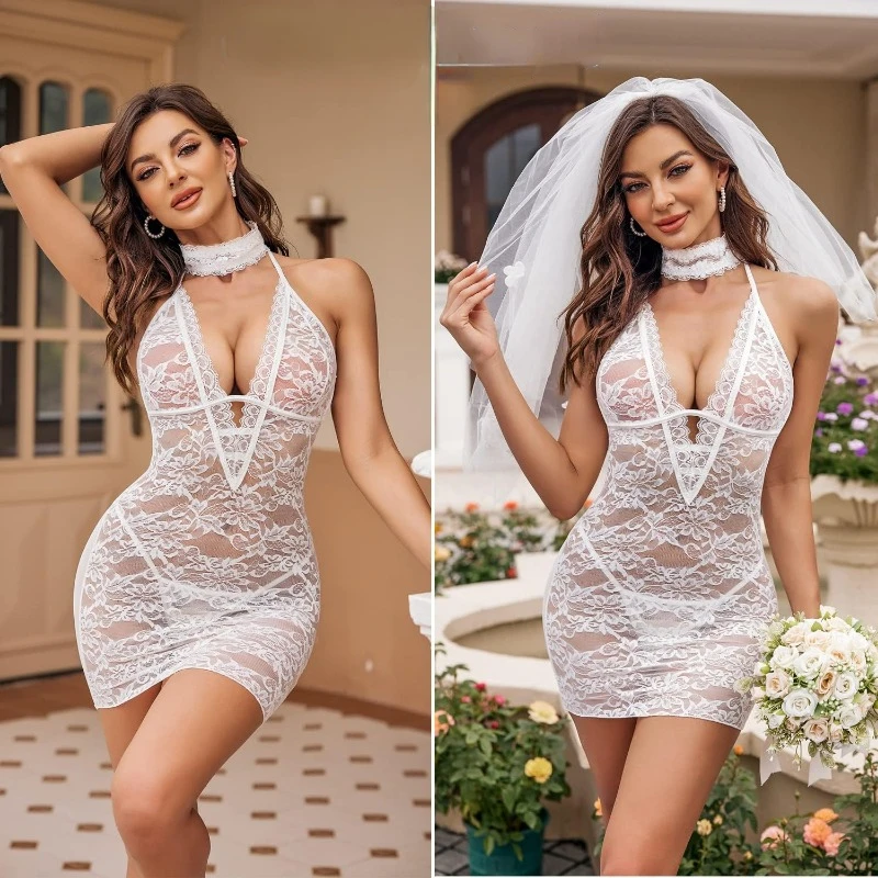 

Sexy Mesh Lace Mini Babydoll Teddy Lingerie for Women Exotic Halter Neck Sleepwear Back Strap Chemise Nightwear Hot Sheer Dress