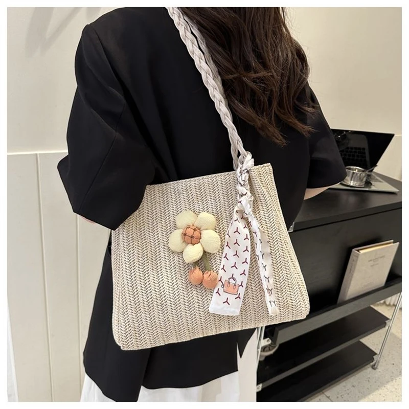 

Summer Beach Trend Straw Shoulder Bags Popular Hit Color Handbags for Women 2023 New Designer Zipper Matching Student Tote Bag