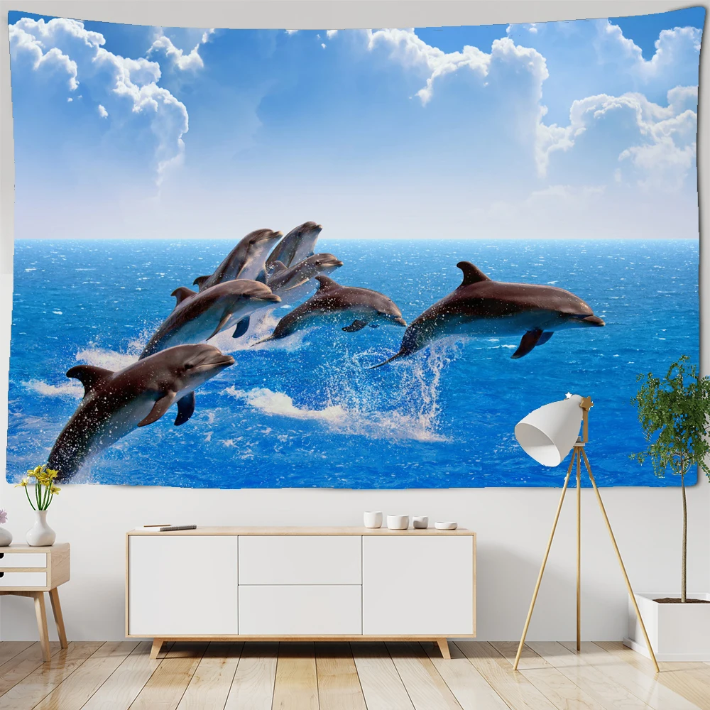 

Undersea World Tapestry Wall Hanging Mermaid Dolphin Tapestry 3D Printed Wall Tapestry for Living Room Bedroom Dorm Blanket