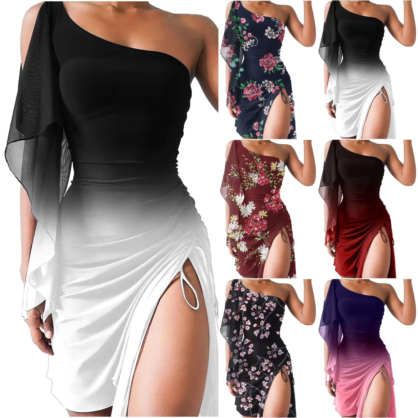 Sexy Drawstring Side Split Shape Waist Dress Floral Print Elegant Bohemian Dress Women One Shoulder Party Clubwear Chiffon Dress
Sexy Drawstring Side Split Shape Waist Dress Floral Print Elegant Bohemian Dress Women One Shoulder Party Clubwear Chiffon Dress
