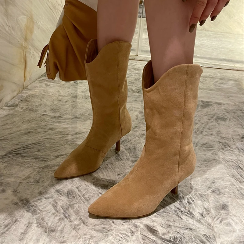 

Black High Heel Boots Vintage Pointed Toe Ankle Boots For Women Thin Heeled Autumn Office Shoes Suede Short Botas Cowboy Mujer