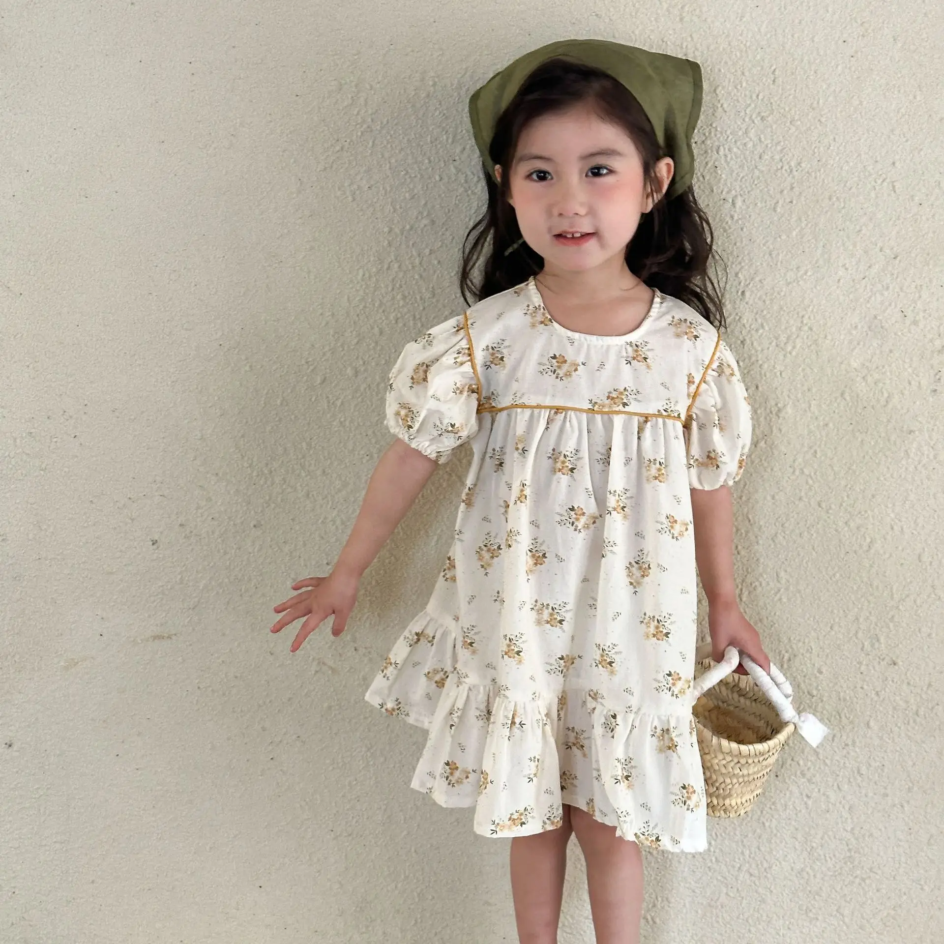 

2024 летние платья для девочек, хлопковое детское платье с цветочным принтом, 2024 корейское милое платье для девочек, детское платье принцессы с пышными рукавами