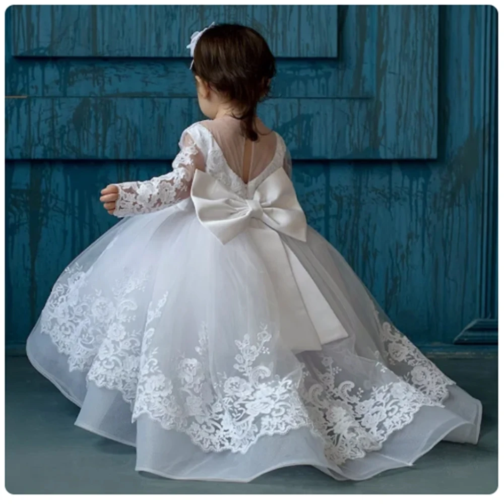 

White Lace Flower Girl Dresses Tulle Full Sleeve Puffy For Weddings Kids Birthday Party Pageant First Communion Ball Gowns