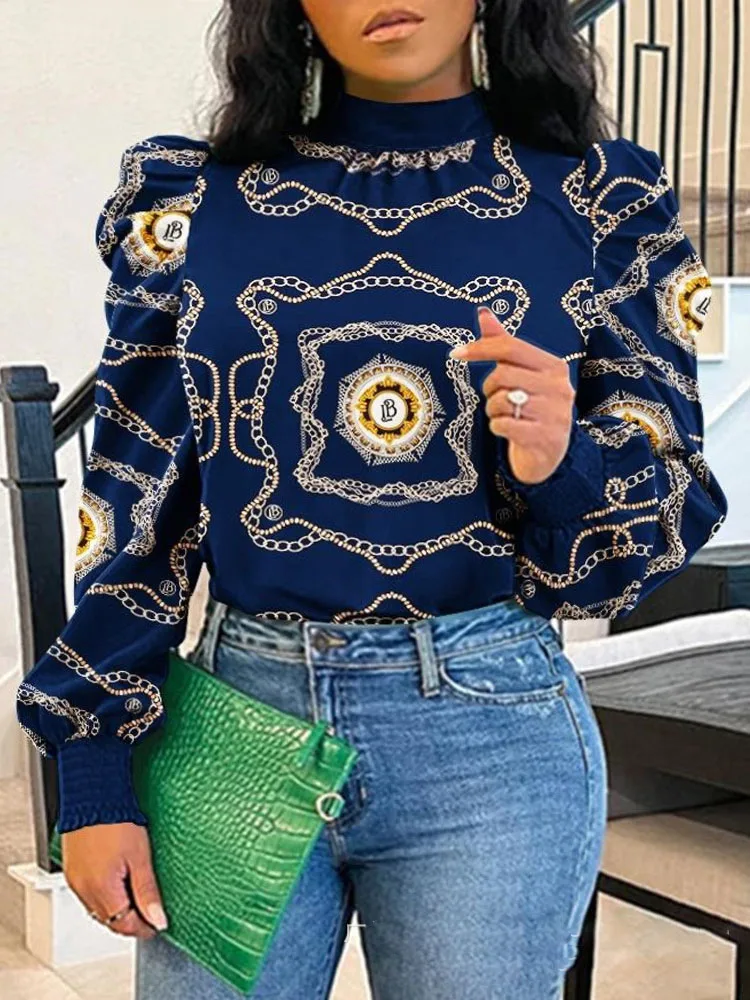 Fashionable and casual temperament plus size bubble sleeve solid color digital printed half high collar long sleeved top pullove
Fashionable and casual temperament plus size bubble sleeve solid color digital printed half high collar long sleeved top pullove