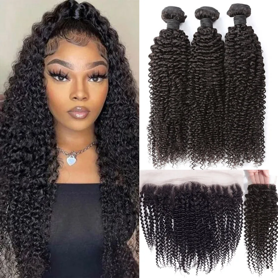 

Indian Kinky Curly Bundles With Closure 13x4 Lace Frontal With Bundles Human Hair Bundles With Frontal Closure Virgin Hair